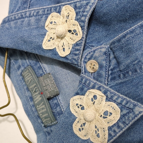 🟢 Upper West Side sz large Vintage denim long sleeve shirt w/ applique InvW028 - Picture 4 of 7